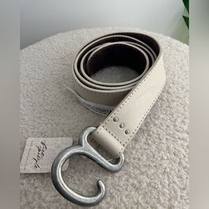Free People Cream Leather Belt with Curved Silver Hook Buckle